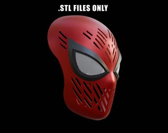 May include: Red and black 3D printed mask with a spider-like design. The mask has a mesh eye area and a textured surface.
