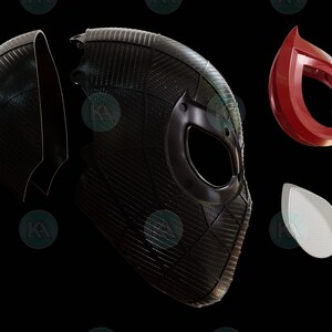 May include: A black and red superhero mask with a spider web design. The mask is in two pieces and is separated to show the inside.