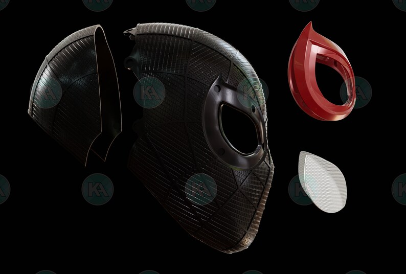 May include: A black and red superhero mask with a spider web design. The mask is in two pieces and is separated to show the inside.