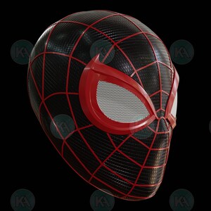 May include: A black and red Spider-Man mask with a detailed web pattern and a white mesh eye piece.