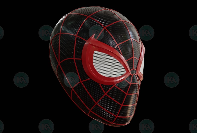 May include: A black and red Spider-Man mask with a detailed web pattern and a white mesh eye piece.