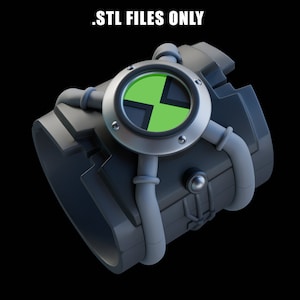 May include: A black and silver Omnitrix watch with a green symbol. The watch has a series of pipes and tubes attached to it.