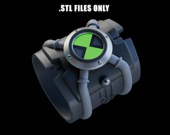 May include: A black and silver Omnitrix watch with a green symbol. The watch has a series of pipes and tubes attached to it.