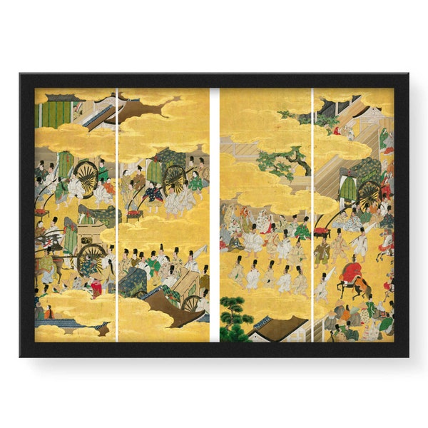 Folding Screen (single print) with designs of scenes from The Tale of Genji Print Wall Art or Stretched Canvas - HS1718