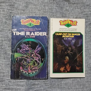 May include: Two paperback books, both part of the "Twist-a-Plot" series. The book on the left is titled "The Time Raider" and is number 1 in the series. The book on the right is titled "Camp-Out on Danger Mountain" and is number 11 in the series.