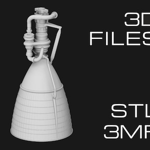 May include: A 3D model of a rocket engine, rendered in white. The model is detailed and includes the engine nozzle, combustion chamber, and turbopump. The text "3D FILES STL 3MF" is visible in the image.