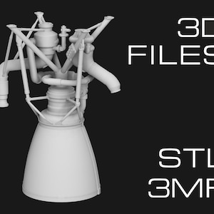 May include: A 3D model of a rocket engine, rendered in white. The model is detailed and includes the engine bell, combustion chamber, and various pipes and valves. The text "3D FILES" and "STL 3MF" is visible in the image.