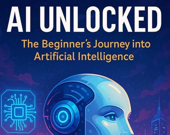 Può includere: Illustrazione digitale con il testo "AI UNLOCKED" e "The Beginner's Journey into Artificial Intelligence". L'immagine presenta una testa di robot futuristica, schemi di circuiti e un paesaggio urbano nei toni del blu, viola e arancione.
