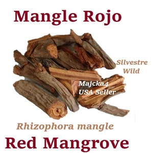 May include: A pile of reddish-brown bark, labeled "Mangle Rojo", "Rhizophora mangle", and "Red Mangrove". The bark is labeled as "Silvestre Wild" and "Majcka4 USA Seller".