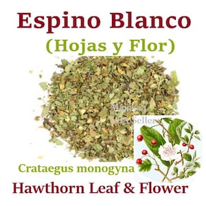 May include: Dried Hawthorn Leaf & Flower, also known as Espino Blanco (Hojas y Flor), a natural herbal remedy. The image shows a pile of dried leaves and flowers, along with a botanical illustration of the Hawthorn plant.