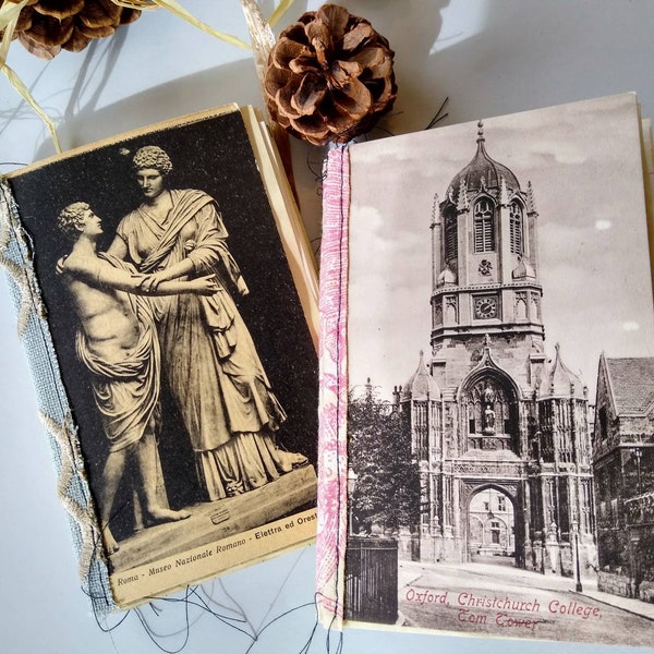 Postcard junk journal/Mini prayer journal/Reversible journal/Gift for her/Gratitude journal/Vintage post cards/Oxford/Classic sculpture