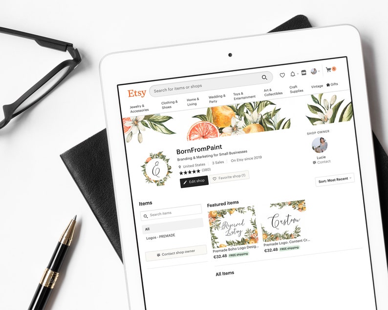 Editable Etsy Shop Kit Templett Etsy Branding Instant Download Watercolor Orange Etsy Shop Branding DIY Easy to edit Etsy Shop Set