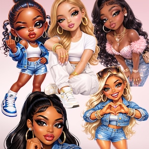 May include: Digital illustration featuring five stylized female figures with exaggerated features. They are depicted in various poses, wearing denim jackets, shorts, and white tops, accessorized with gold jewelry. The image has text that reads "Generated with Prompt Generator".