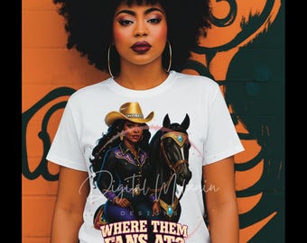 Purple Cowgirl Vibes Shirt,  Black Cowgirl on Horse Graphic Tee, Western Glam T-Shirt, Where Them Fans At glam girl tee, Dtf print Tee