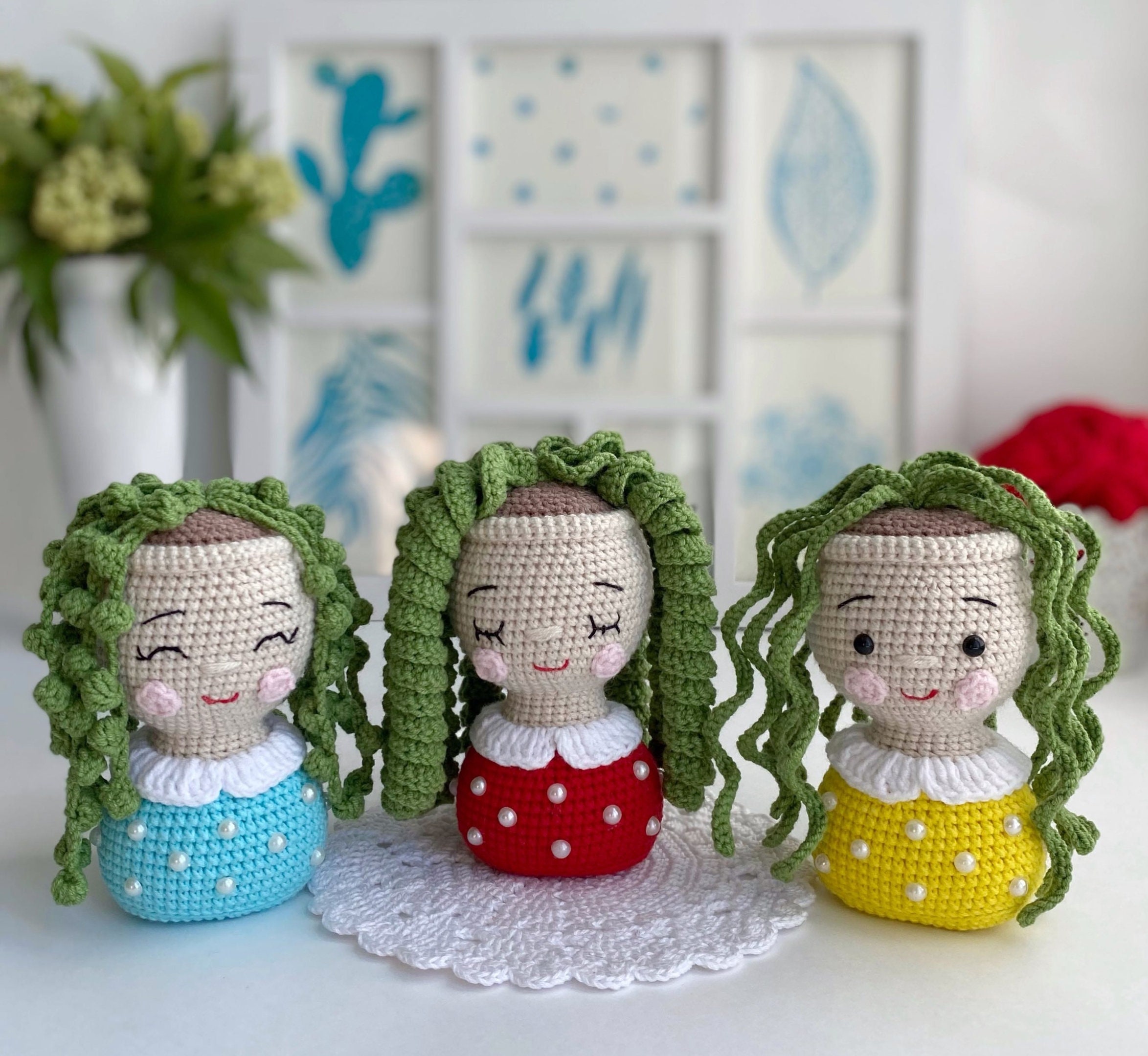 PATTERN Crochet Flower Girl Amigurumi plush plant Crochet toy string of pearls Succulent english pattern Flower in pot Crochet pot holder