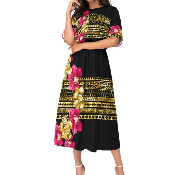 Waikapu Orchids Full Length Dress Cap Sleeves