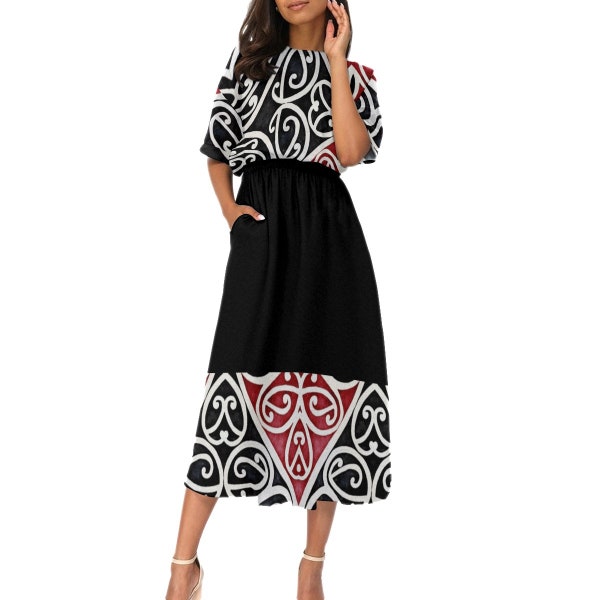 Polynesisches Maori-Kleid, All-Over-Print-Frauen-Elastic-Taillen-Kleid, Aotearoa Kowhaiwhai-Design, traditioneller Maori-Stammesdruck in schwarz rot