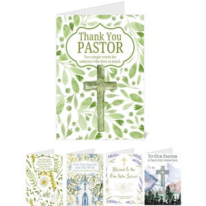 May include: Greeting cards with religious themes. The main card reads "Thank You Pastor" with a cross illustration. Other cards feature floral designs, churches, and text like "For Our Pastor" and "Blessed Is the One Who Serves."