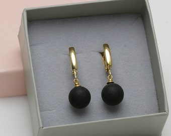 Earrings black sphere amber, Amber 24K gold vermeil dangle  earrings, Gift for her