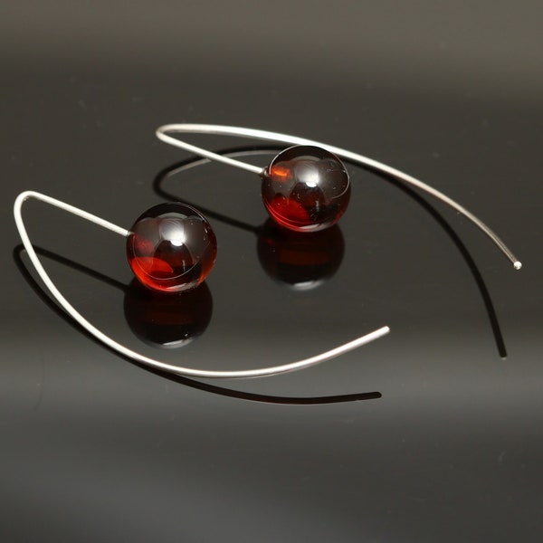 Cherry amber sterling silver earrings, Amber sphere ball, Geometric minimalistic style
