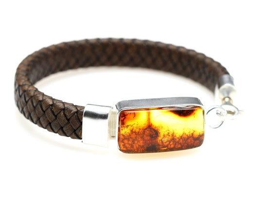 Men's Beaded Bracelet Made of Cognac and Light Marble Amber.