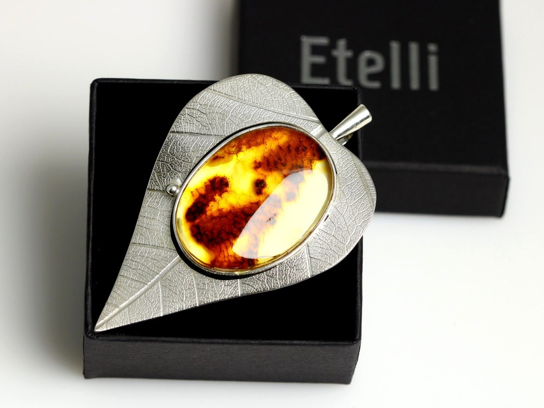 Broche Vintage Argent Et Ambre, Décor Feuillage - Belle Pièce D'occasion