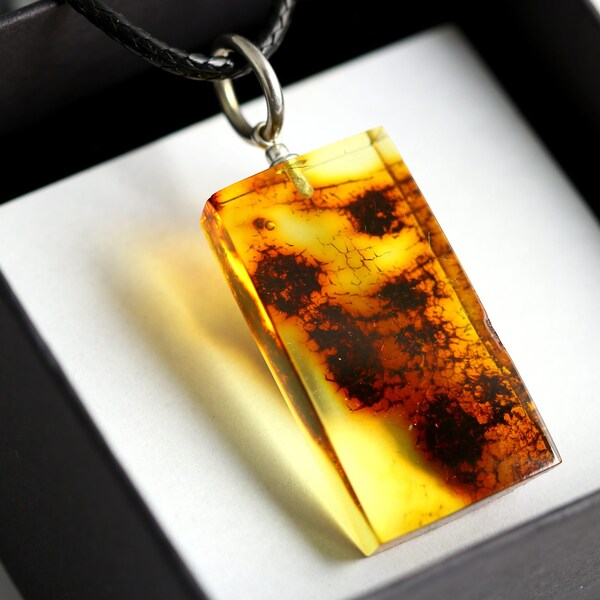 Amber square pendant for man,  Gemstone necklace for men, Geometric amber choker, Gift for him