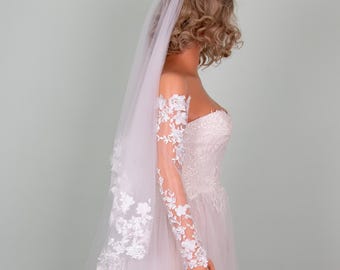 Voile de mariée en dentelle cathédrale de tulle doux ivoire long voile de mariée à deux niveaux