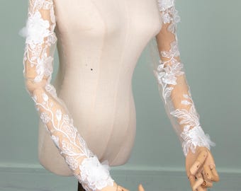 3D Lace Flower Bridal Sleeves: Sheer Tulle Wedding Gloves
