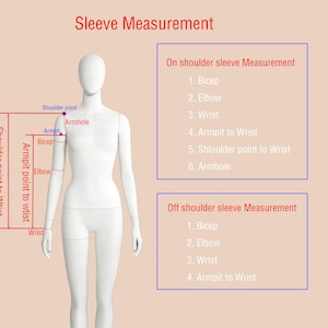 May include: A diagram illustrating sleeve measurement points on a mannequin. The image includes text labels for "Bicep," "Elbow," "Wrist," and other measurement points. The text "Sleeve Measurement" is at the top.