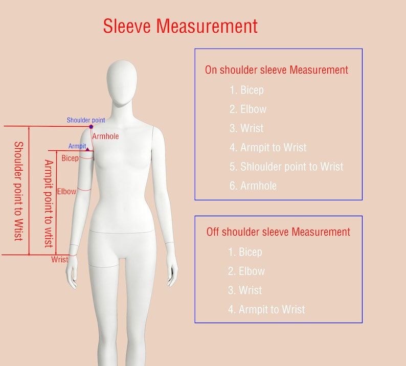 May include: A diagram illustrating sleeve measurement points on a mannequin. The image includes text labels for "Bicep," "Elbow," "Wrist," and other measurement points. The text "Sleeve Measurement" is at the top.