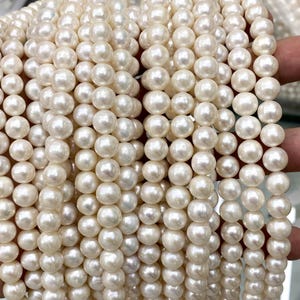 Puede incluir: Primer plano de múltiples hebras de perlas blanco crema. Las perlas son redondas y tienen un brillo lustroso. Las hebras se mantienen unidas, creando una exhibición densa y texturizada de la joyería.