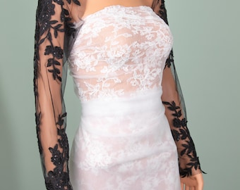 Mangas de novia de encaje negro con apliques de tul largos desmontables