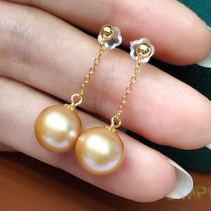 Gold Freshwater Pearl Drop Earrings: Sterling Silver Studs, Elegant Dangle