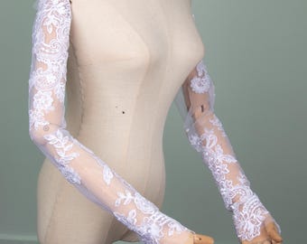 Guantes de novia de encaje blanco: mangas de novia con cuentas, estilo vintage, guantes Clara, personalización privada
