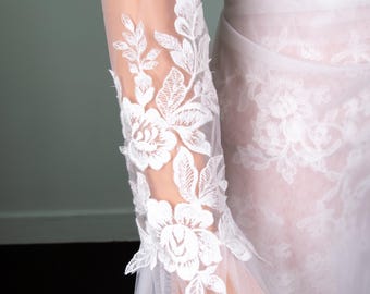 Ivory Applique Lace Wedding Sleeves, Lightweight Tulle Puff Sleeves