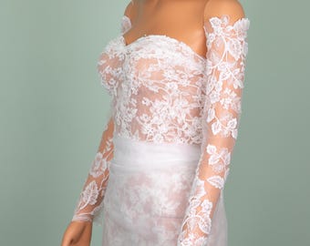 Custom Ivory floral Detachable Long Lace Bridal Sleeves : Fingerless Wedding Sleeves
