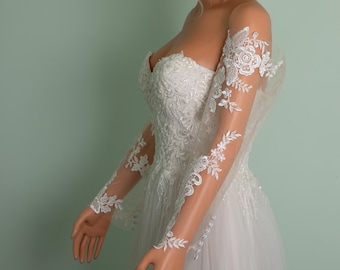 Manches de robe de mariée, épaules dénudées amovibles, dentelle rose ivoire, tulle transparent avec boutons en satin