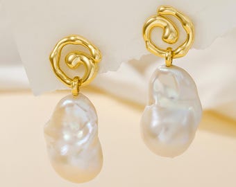 Large Baroque Pearl Drop Earrings: 18K Gold-Plated Sterling Silver