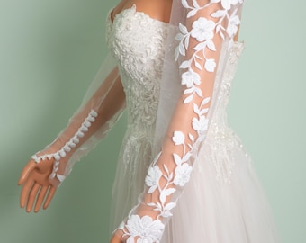 Bridal Dress Sleeves, Detachable Off Shoulder Ivory Floral Lace, Long Fingerless Beaded Flower Gloves