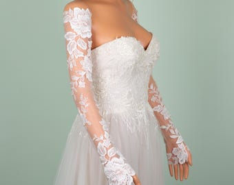 Bridal Dress Sleeves, Detachable Off Shoulder Ivory Lace, Fingerless Peony Floral Thumb Hole Gloves