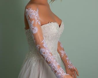 Bridal Dress Sleeves, Detachable Off Shoulder Illusion Lace, Long Fingerless Paisley Floral Gloves