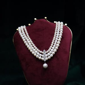 Real Freshwater Pearl Choker Necklace: 3-Layer Bridal Wedding Jewelry