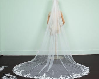 Cathedral Lace Wedding Veil: Fingertip Length, Double Tier
