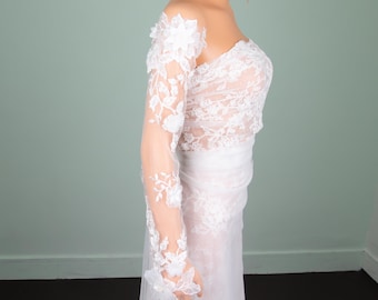 White Lace Wedding Sleeves – 3D Floral Fingerless Bridal Gloves, Detachable Bridal Accessories