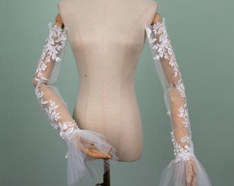 Custom Ivory Lace Applique Wedding Sleeves, Tulle Puff Sleeves