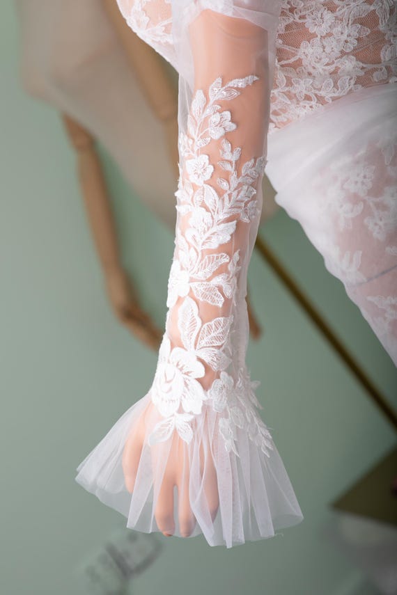 long sleeve wedding dress with gloves A-Line Wedding Dress With Gloves