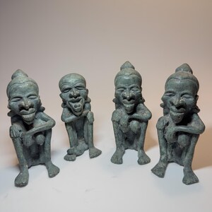Set of 4 Balinese/Javanese Bronze Figures: Cast Seated Ancestral Spirit Characters, 12-14cm