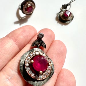 Rare Vintage Ruby Set: Sterling Silver 925, Natural Stone, Zirconia