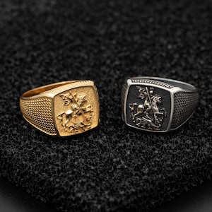 Bague Saint George pour homme | Bague guerrier orthodoxe faite main en argent 925 | Bijoux religieux oxydés ou plaqués or double 18 carats